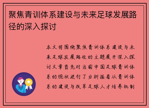 聚焦青训体系建设与未来足球发展路径的深入探讨